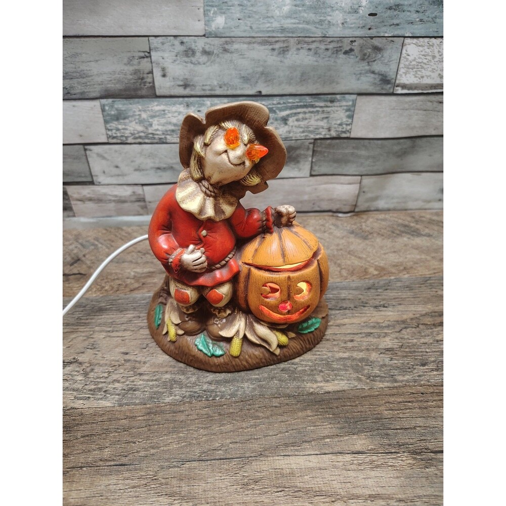 VTG Lighted Halloween Scarecrow & Jack O'Lantern Ceramic Figurine Dona's Mold 6" - Picture 4 of 7